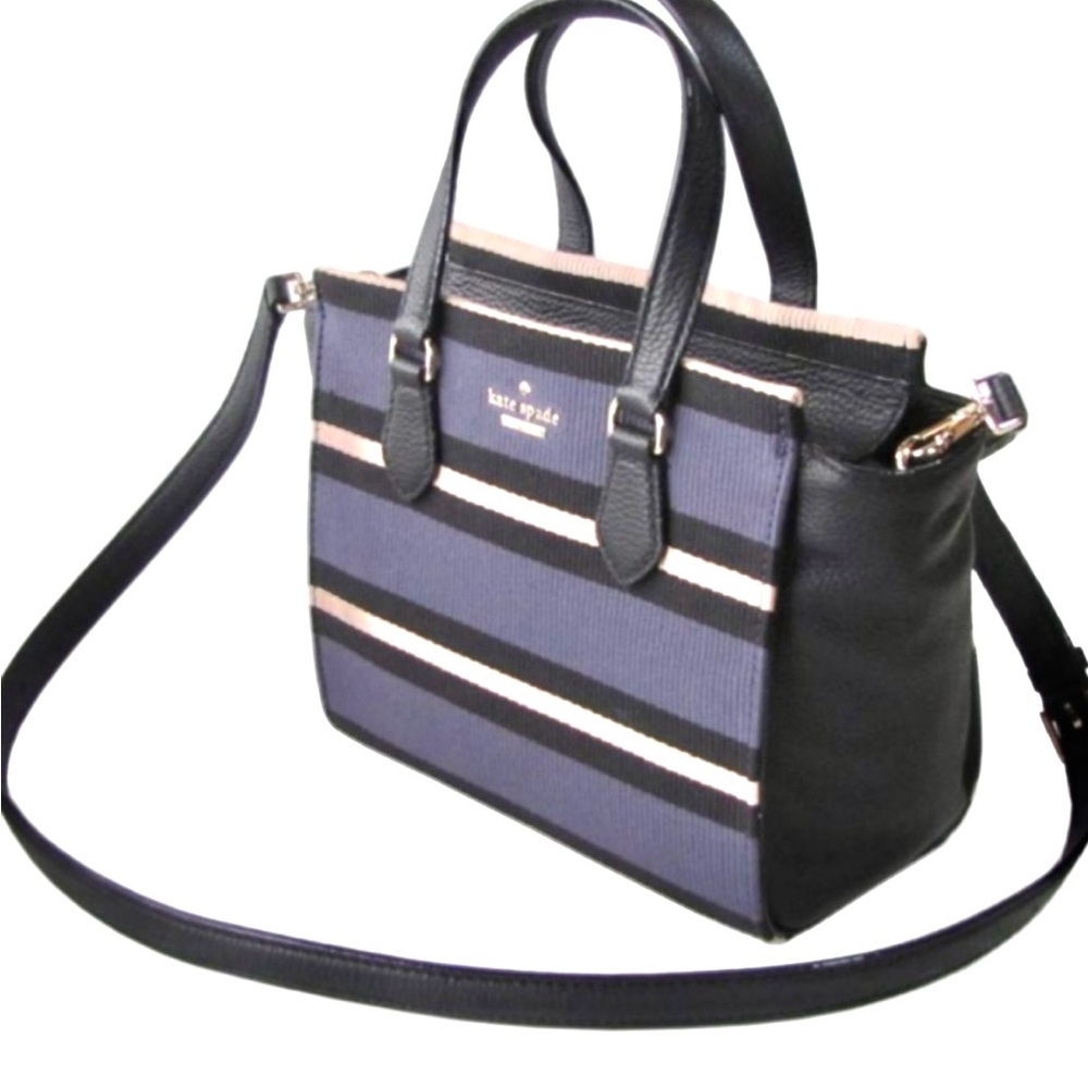 NWT Kate Spade Black & Blue Striped Leather and Fabric Crossbody Bag